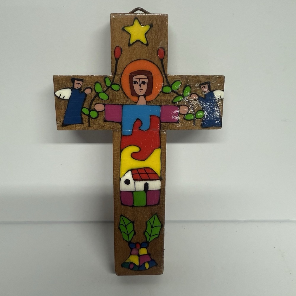 Vintage Handcrafted Wooden Cross El‎ Salvador Colorful Hand Painted Folk Art